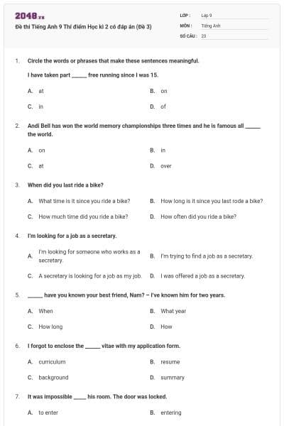 Đề thi Tiếng Anh 9 Thí điểm Học kì 2 có đáp án (Đề 3)