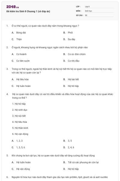 Đề kiểm tra Sinh 8 Chương 1 (có đáp án)