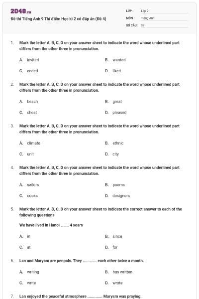 Đề thi Tiếng Anh 9 Thí điểm Học kì 2 có đáp án (Đề 4)