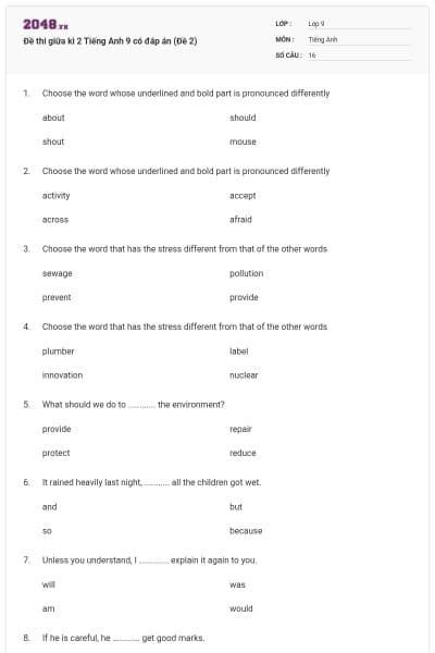 Đề thi giữa kì 2 Tiếng Anh 9 có đáp án (Đề 2)