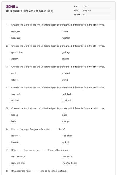 Đề thi giữa kì 2 Tiếng Anh 9 có đáp án (Đề 3)
