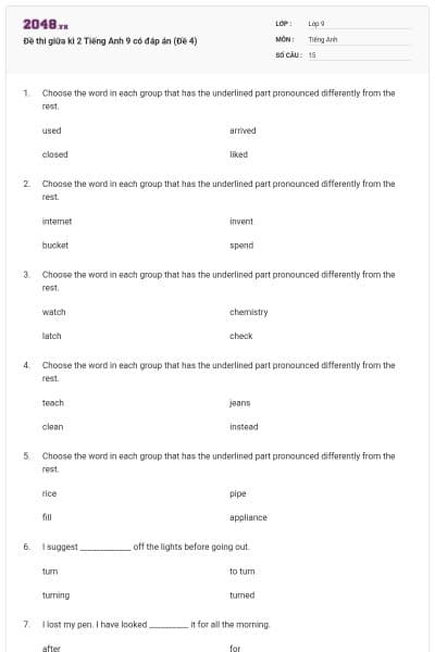 Đề thi giữa kì 2 Tiếng Anh 9 có đáp án (Đề 4)