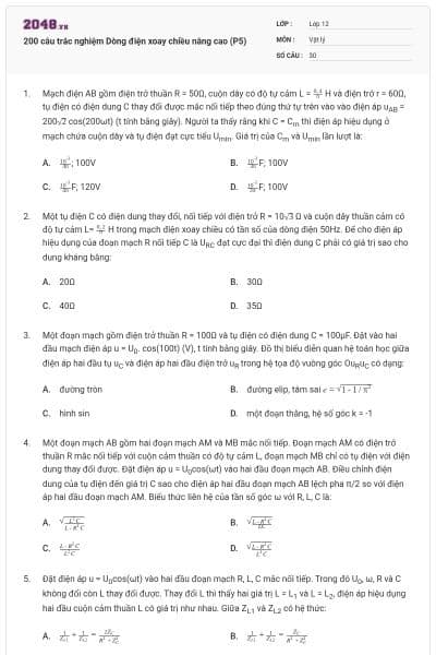 200 câu trắc nghiệm Dòng điện xoay chiều nâng cao (P5)