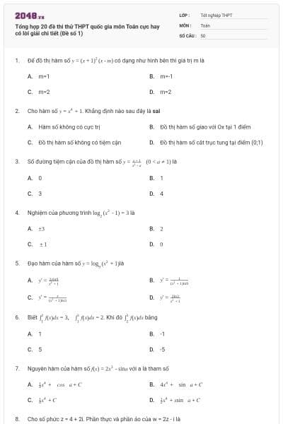 Tổng hợp 20 đề thi thử THPT quốc gia môn Toán cực hay có lời giải chi tiết (Đề số 1)