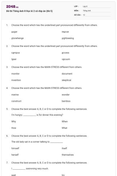 Đề thi Tiếng Anh 8 Học kì 2 có đáp án (Đề 5)