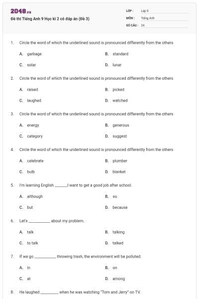 Đề thi Tiếng Anh 9 Học kì 2 có đáp án (Đề 3)