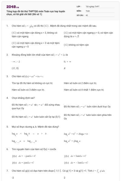 Tổng hợp đề thi thử THPTQG môn Toán cực hay tuyển chọn, có lời giải chi tiết (Đề số 1)