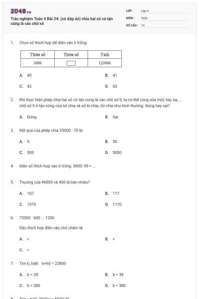 Trắc nghiệm Toán 4 Bài 24: (có đáp án) chia hai số có tận cùng là các chữ số