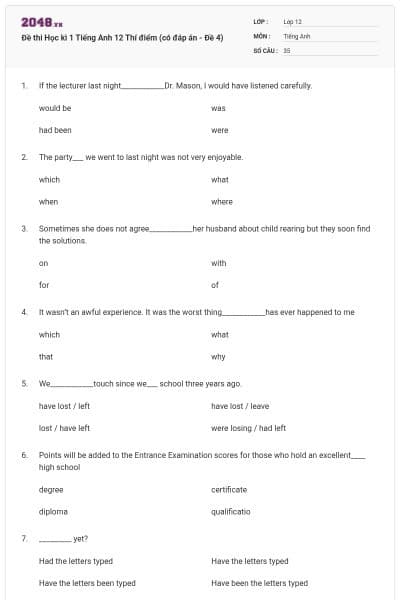 Đề thi Học kì 1 Tiếng Anh 12 Thí điểm (có đáp án - Đề 4)
