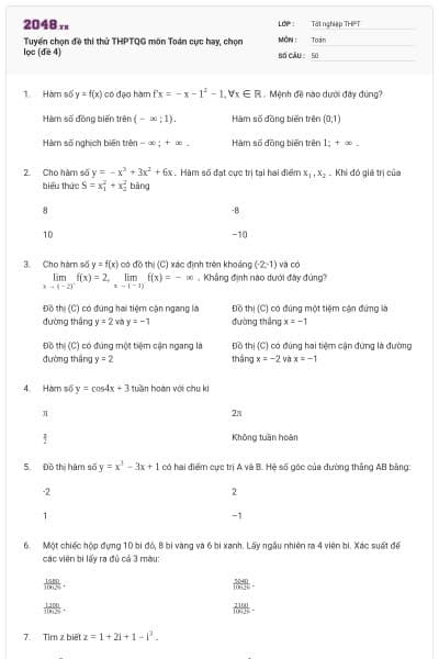 Tuyển chọn đề thi thử THPTQG môn Toán cực hay, chọn lọc (đề 4)