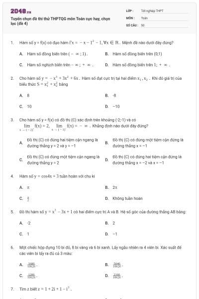 Tuyển chọn đề thi thử THPTQG môn Toán cực hay, chọn lọc (đề 4)