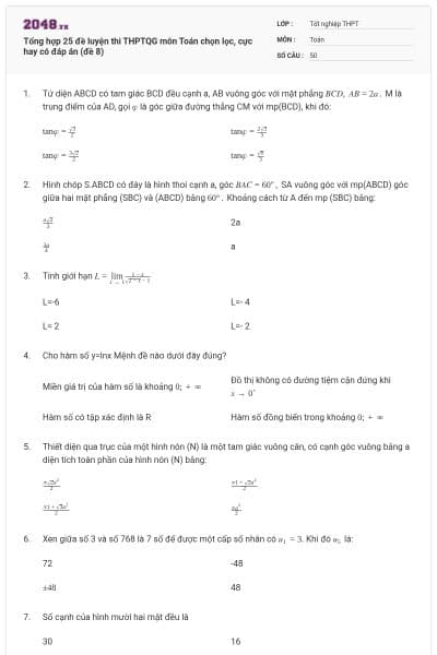 Tổng hợp 25 đề luyện thi THPTQG môn Toán chọn lọc, cực hay có đáp án (đề 8)