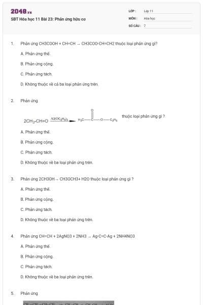 SBT Hóa học 11 Bài 23: Phản ứng hữu cơ
