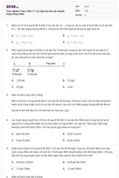 Trắc nghiệm Toán 5 Bài 11: (có đáp án) Hai vật chuyển động cùng chiều