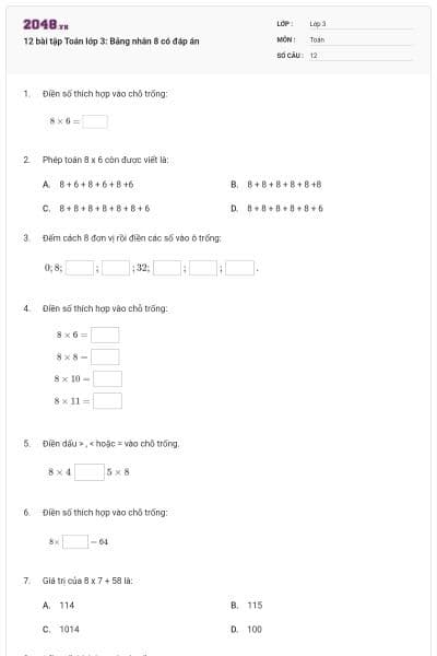 12 bài tập Toán lớp 3: Bảng nhân 8 có đáp án