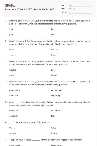 Đề thi Học kì 1 Tiếng Anh 12 Thí điểm (có đáp án - Đề 5)