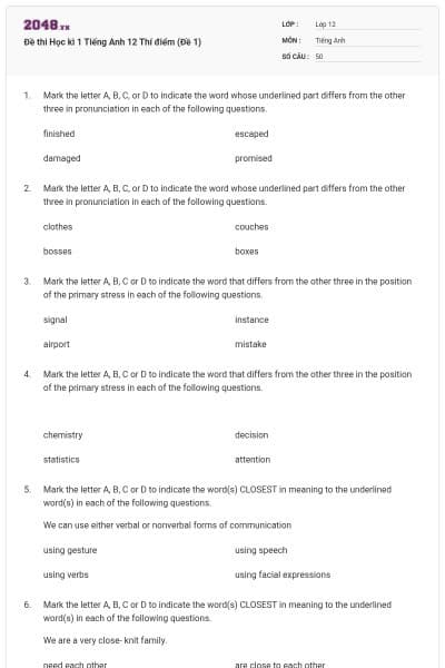 Đề thi Học kì 1 Tiếng Anh 12 Thí điểm (Đề 1)