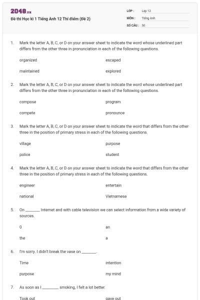 Đề thi Học kì 1 Tiếng Anh 12 Thí điểm (Đề 2)