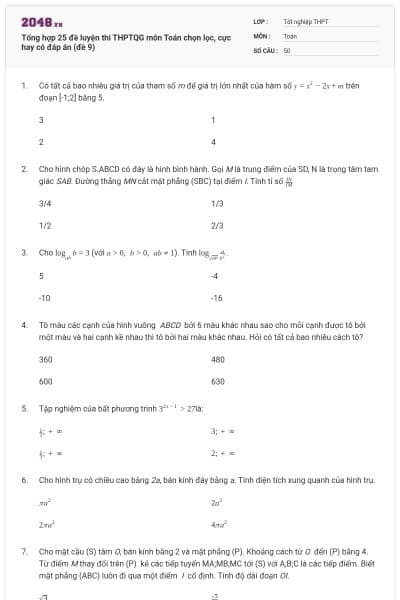 Tổng hợp 25 đề luyện thi THPTQG môn Toán chọn lọc, cực hay có đáp án (đề 9)