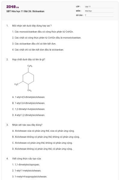 SBT Hóa học 11 Bài 26: Xicloankan