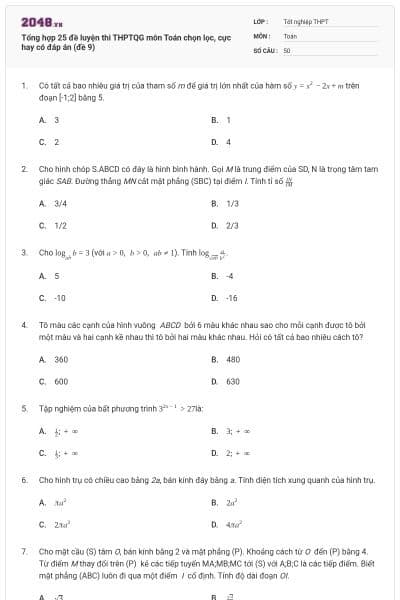 Tổng hợp 25 đề luyện thi THPTQG môn Toán chọn lọc, cực hay có đáp án (đề 9)