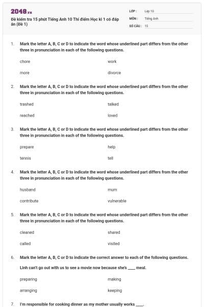 Đề kiểm tra 15 phút Tiếng Anh 10 Thí điểm Học kì 1 có đáp án (Đề 1)