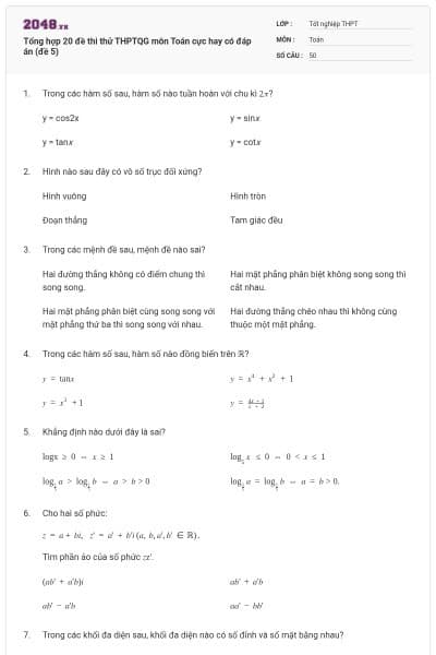 Tổng hợp 20 đề thi thử THPTQG môn Toán cực hay có đáp án (đề 5)
