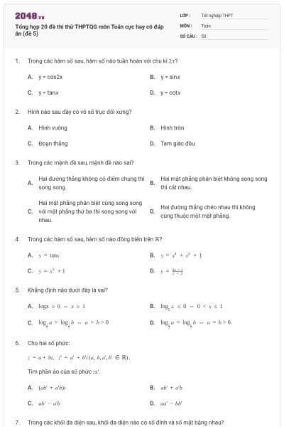 Tổng hợp 20 đề thi thử THPTQG môn Toán cực hay có đáp án (đề 5)