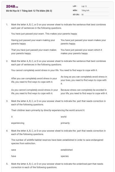 Đề thi Học kì 1 Tiếng Anh 12 Thí điểm (Đề 3)