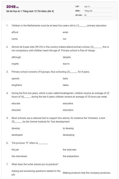 Đề thi Học kì 1 Tiếng Anh 12 Thí điểm (Đề 4)