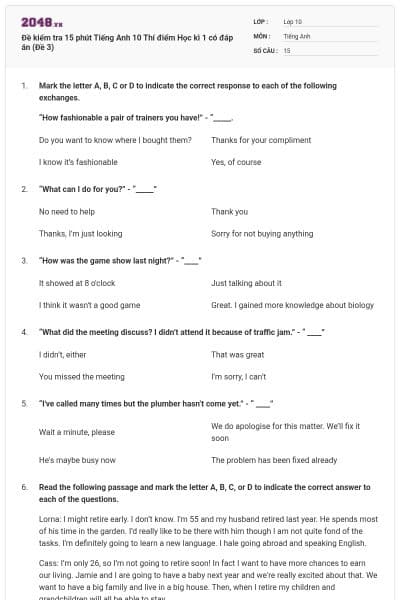 Đề kiểm tra 15 phút Tiếng Anh 10 Thí điểm Học kì 1 có đáp án (Đề 3)