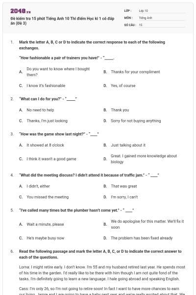 Đề kiểm tra 15 phút Tiếng Anh 10 Thí điểm Học kì 1 có đáp án (Đề 3)