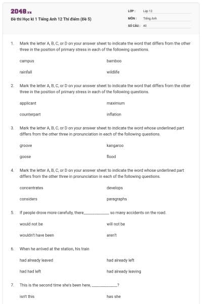 Đề thi Học kì 1 Tiếng Anh 12 Thí điểm (Đề 5)