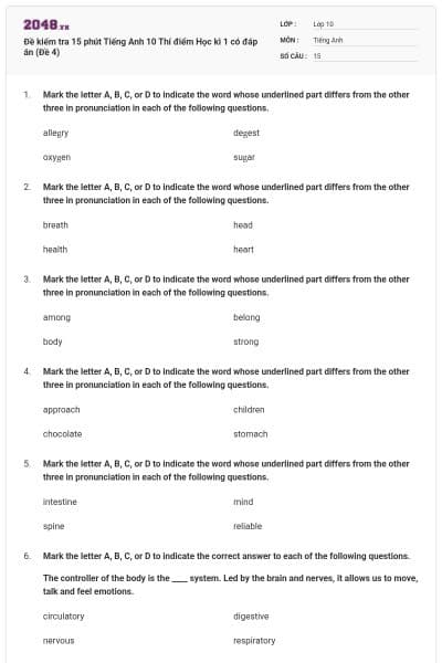 Đề kiểm tra 15 phút Tiếng Anh 10 Thí điểm Học kì 1 có đáp án (Đề 4)