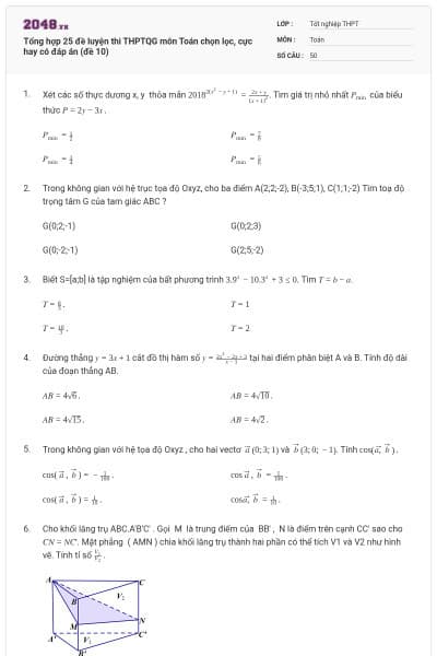 Tổng hợp 25 đề luyện thi THPTQG môn Toán chọn lọc, cực hay có đáp án (đề 10)
