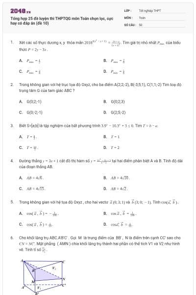 Tổng hợp 25 đề luyện thi THPTQG môn Toán chọn lọc, cực hay có đáp án (đề 10)
