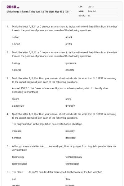 Đề kiểm tra 15 phút Tiếng Anh 12 Thí điểm Học kì 2 (Đề 1)
