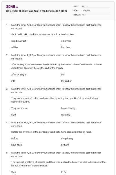 Đề kiểm tra 15 phút Tiếng Anh 12 Thí điểm Học kì 2 (Đề 2)