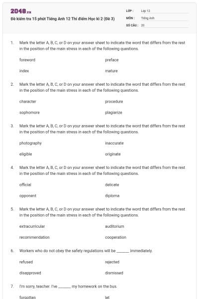 Đề kiểm tra 15 phút Tiếng Anh 12 Thí điểm Học kì 2 (Đề 3)