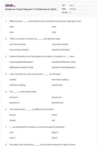 Đề kiểm tra 15 phút Tiếng Anh 12 Thí điểm Học kì 2 (Đề 5)