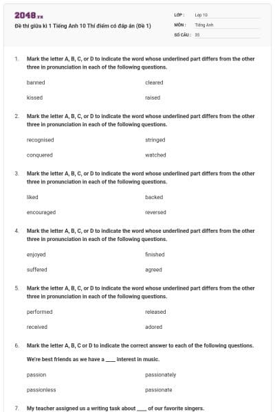 Đề thi giữa kì 1 Tiếng Anh 10 Thí điểm có đáp án (Đề 1)