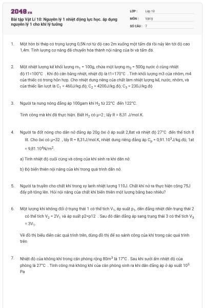Bài tập Vật Lí 10: Nguyên lý 1 nhiệt động lực học. áp dụng nguyên lý 1 cho khí lý tưởng