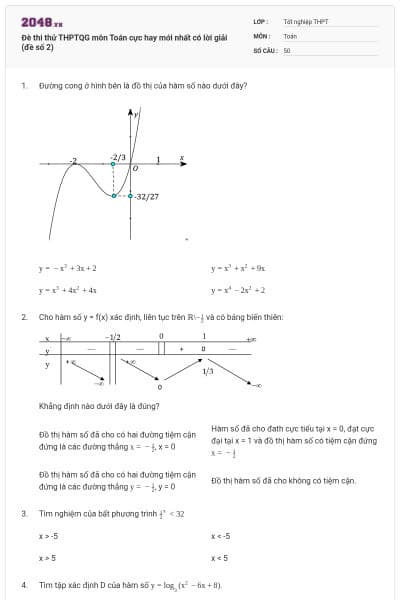 Đè thi thử THPTQG môn Toán cực hay mới nhất có lời giải (đề số 2)