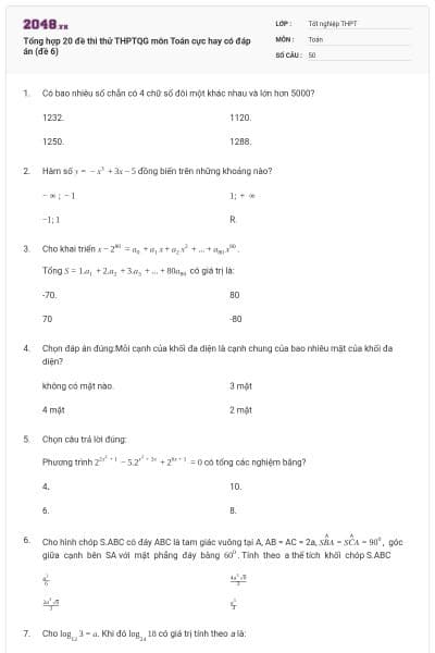 Tổng hợp 20 đề thi thử THPTQG môn Toán cực hay có đáp án (đề 6)