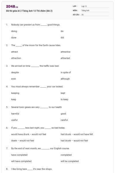 Đề thi giữa kì 2 Tiếng Anh 12 Thí điểm (Đề 2)