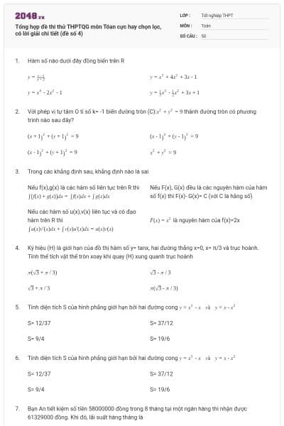 Tổng hợp đề thi thử THPTQG môn Tóan cực hay chọn lọc, có lời giải chi tiết (đề số 4)