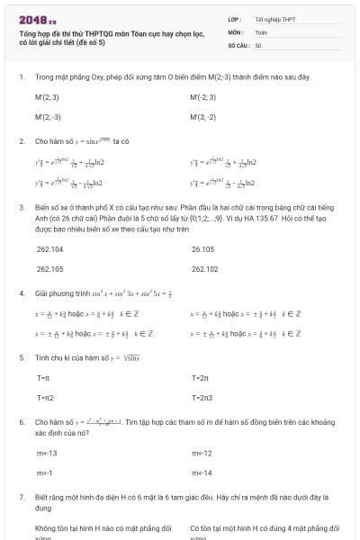 Tổng hợp đề thi thử THPTQG môn Tóan cực hay chọn lọc, có lời giải chi tiết (đề số 5)