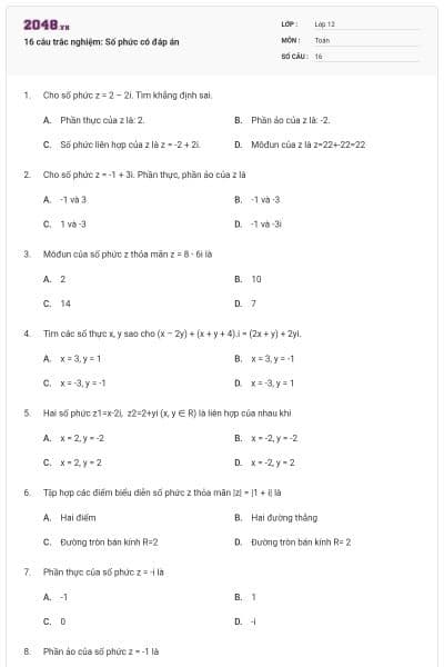 16 câu trắc nghiệm: Số phức có đáp án