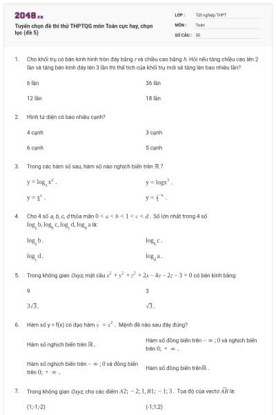 Tuyển chọn đề thi thử THPTQG môn Toán cực hay, chọn lọc (đề 5)