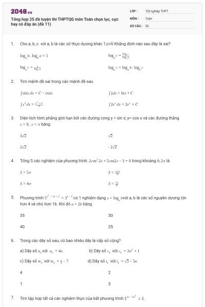Tổng hợp 25 đề luyện thi THPTQG môn Toán chọn lọc, cực hay có đáp án (đề 11)